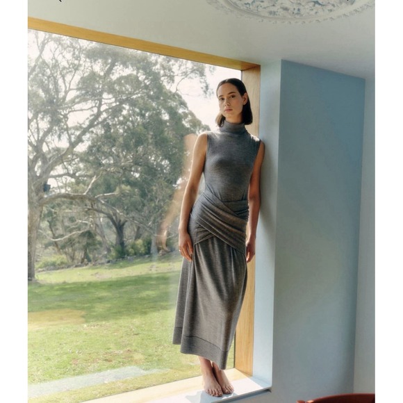 Toteme Dresses & Skirts - Toteme Turtle Neck Draped Grey Wool-Silk Knit Maxi Dress Sleeveless stretchy L